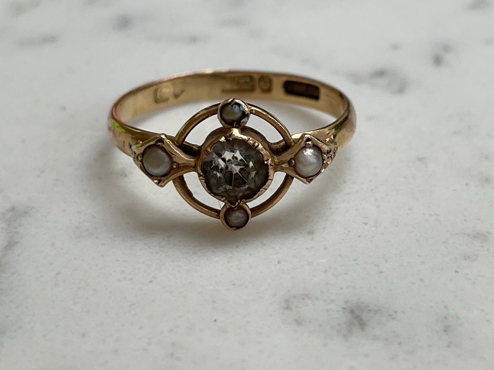 Edwardian 9ct solid gold ring with crystal and seed pearl - The Goldfinch Collection