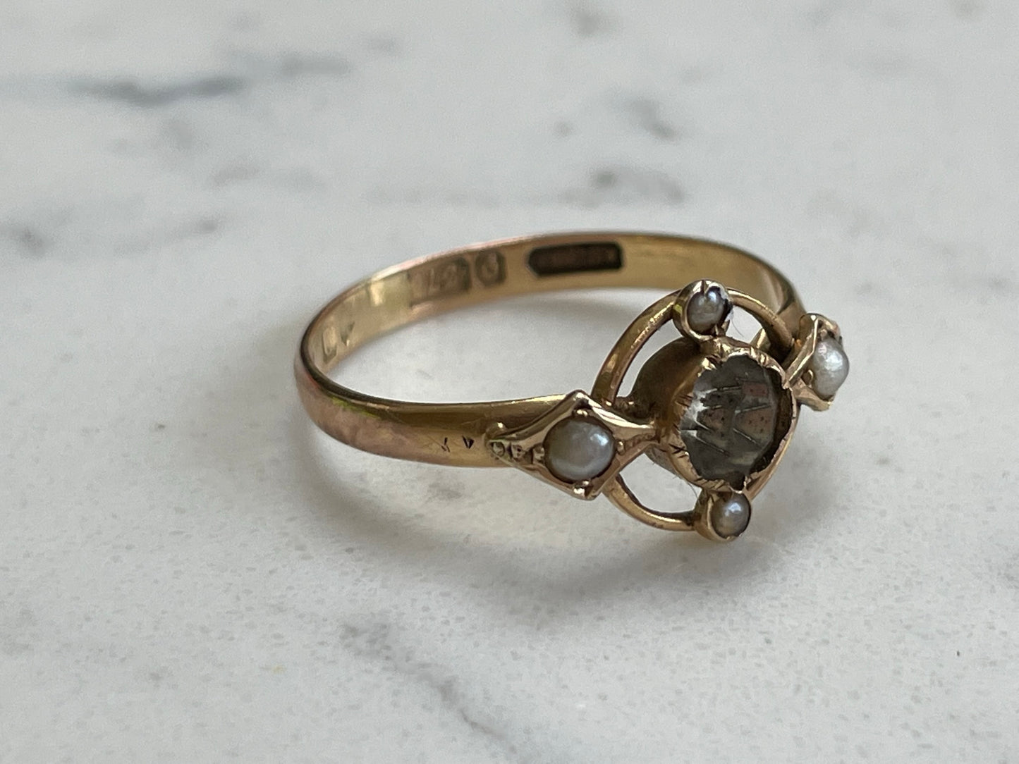 Edwardian 9ct solid gold ring with crystal and seed pearl - The Goldfinch Collection