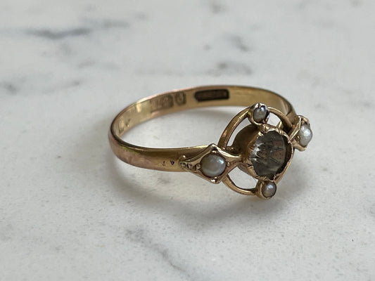 Edwardian 9ct solid gold ring with crystal and seed pearl - The Goldfinch Collection