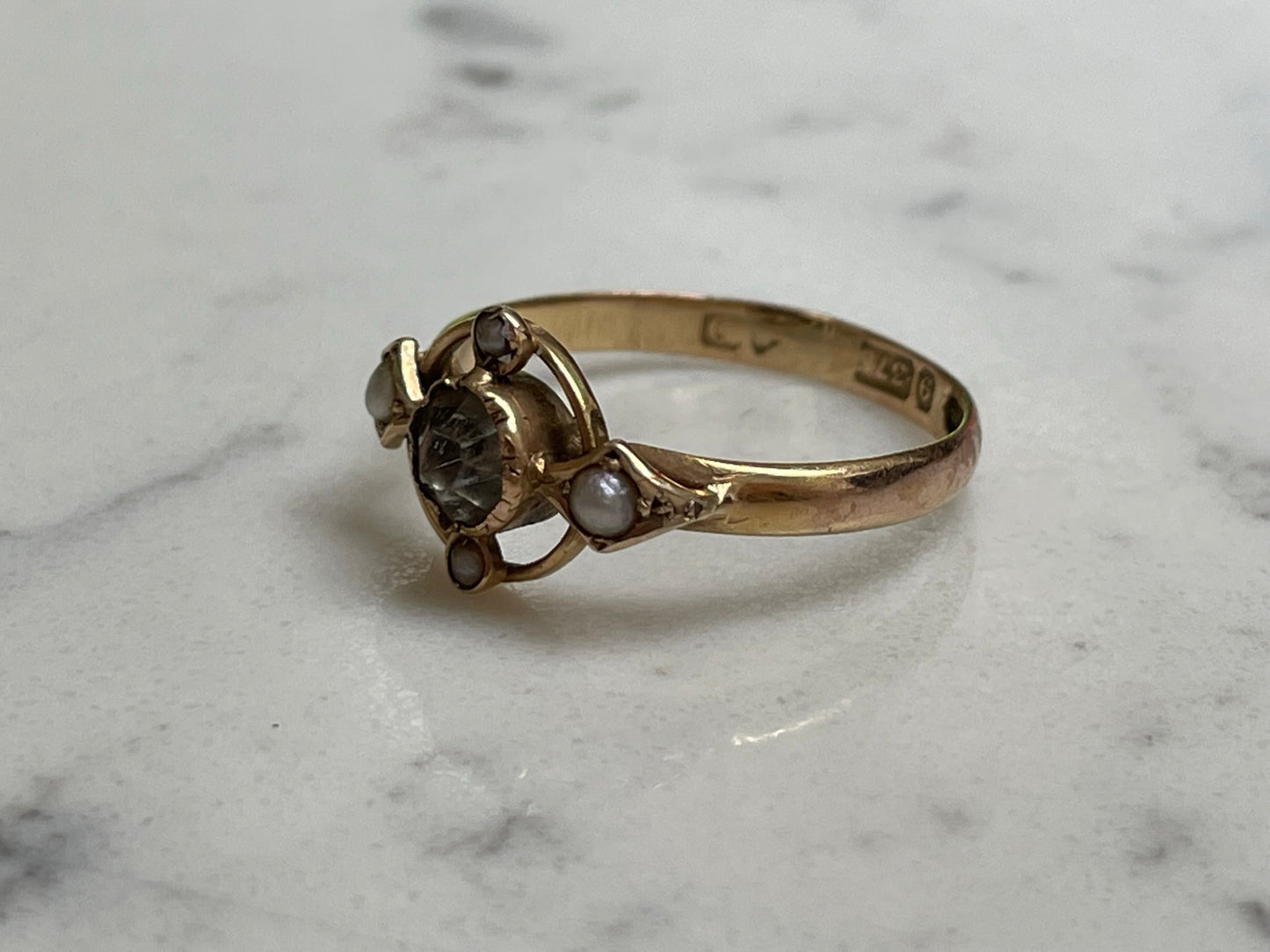 Edwardian 9ct solid gold ring with crystal and seed pearl - The Goldfinch Collection