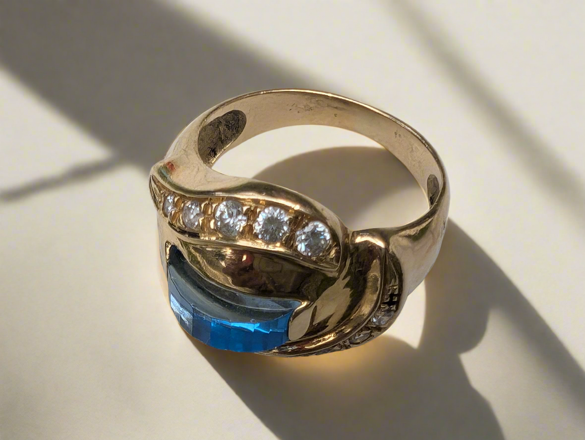 18ct Yellow Gold, Sapphire & Diamond Paste Modernist Dress Ring Vintage c1970 - The Goldfinch Collection