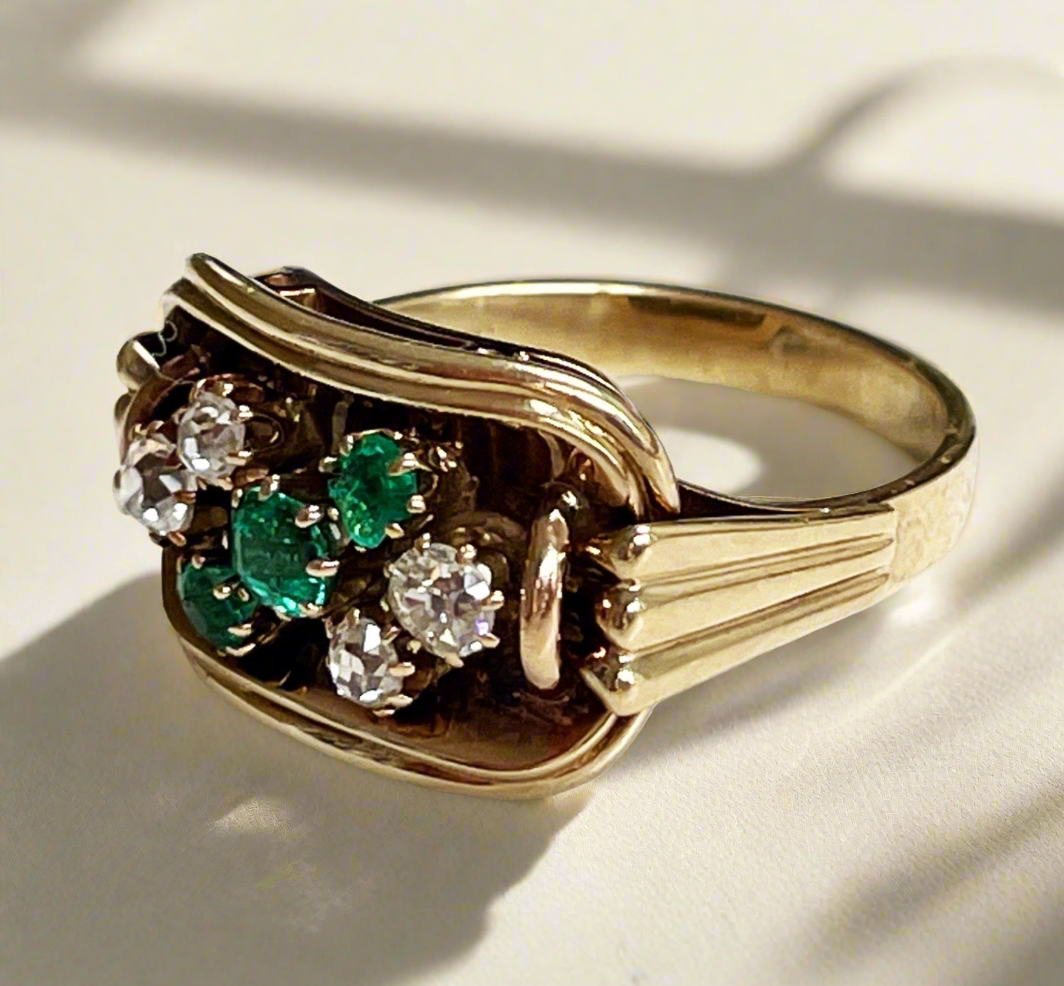14ct gold 1970's ring with emeralds and diamonds - The Goldfinch Collection
