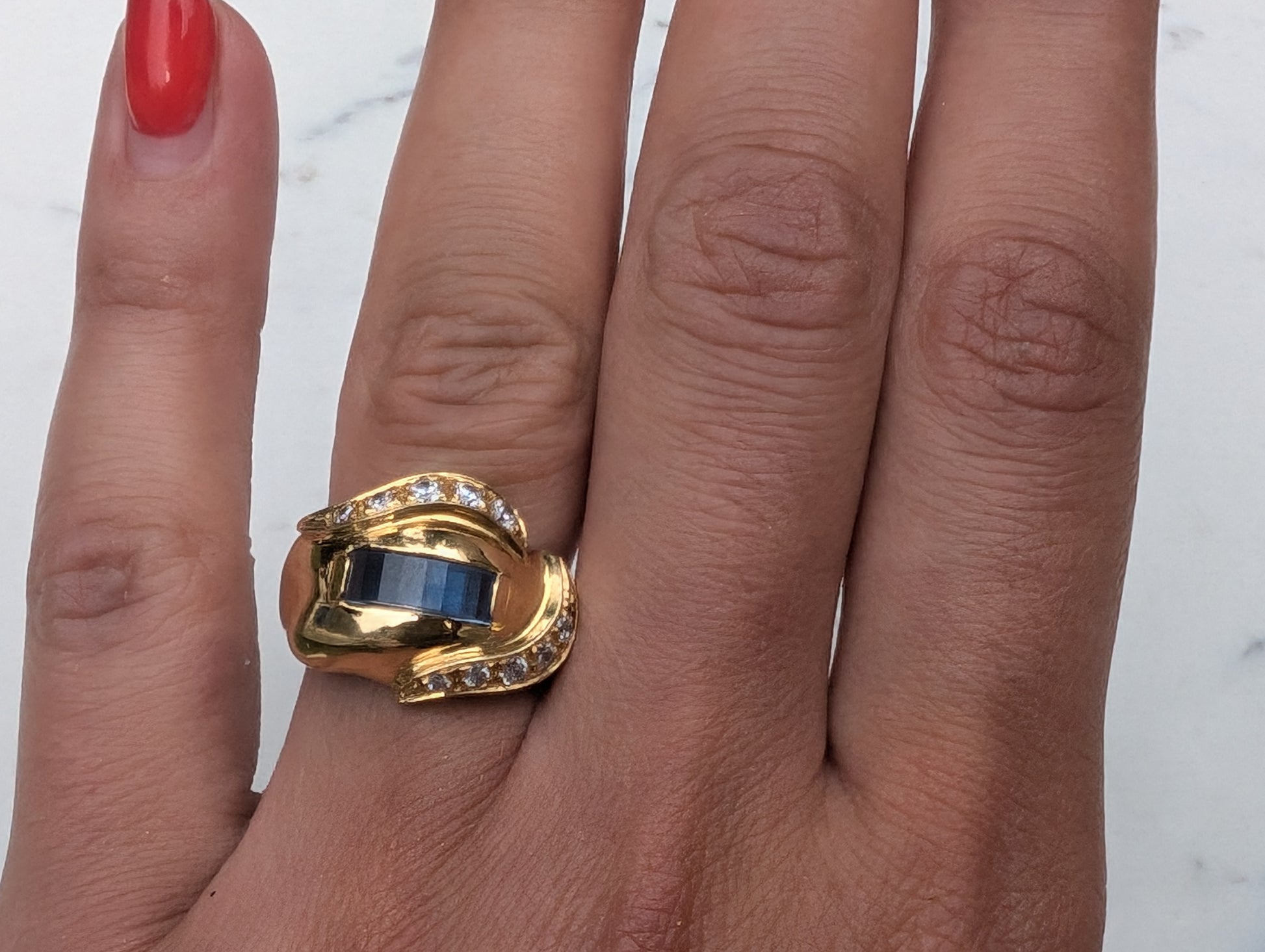 18ct Yellow Gold, Sapphire & Diamond Paste Modernist Dress Ring Vintage c1970 - The Goldfinch Collection