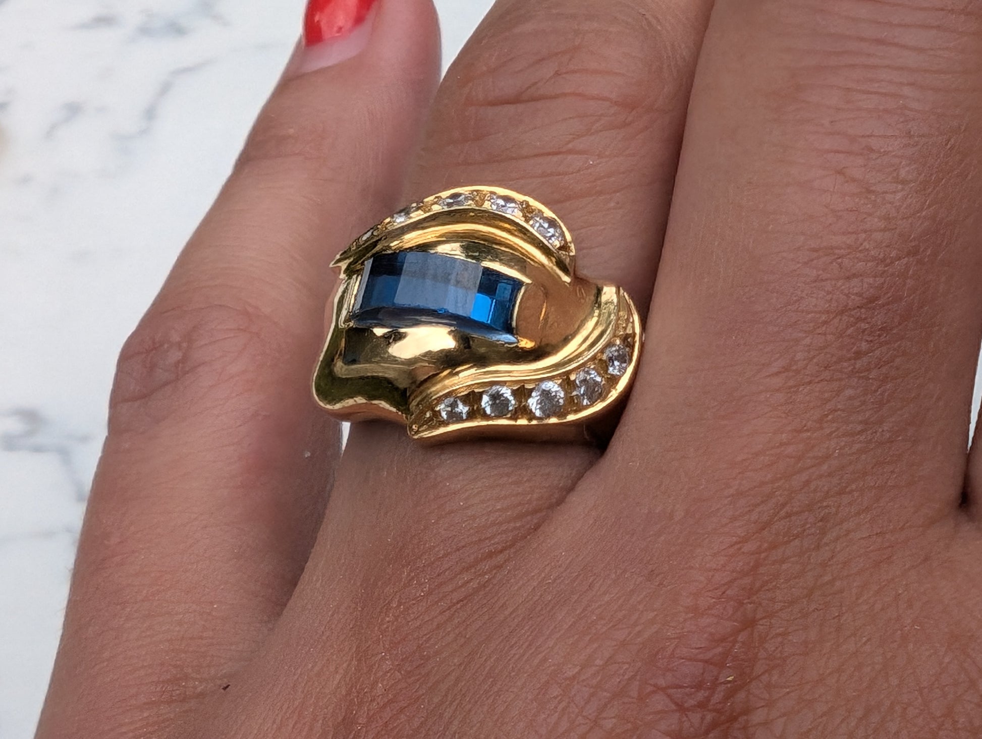 18ct Yellow Gold, Sapphire & Diamond Paste Modernist Dress Ring Vintage c1970 - The Goldfinch Collection