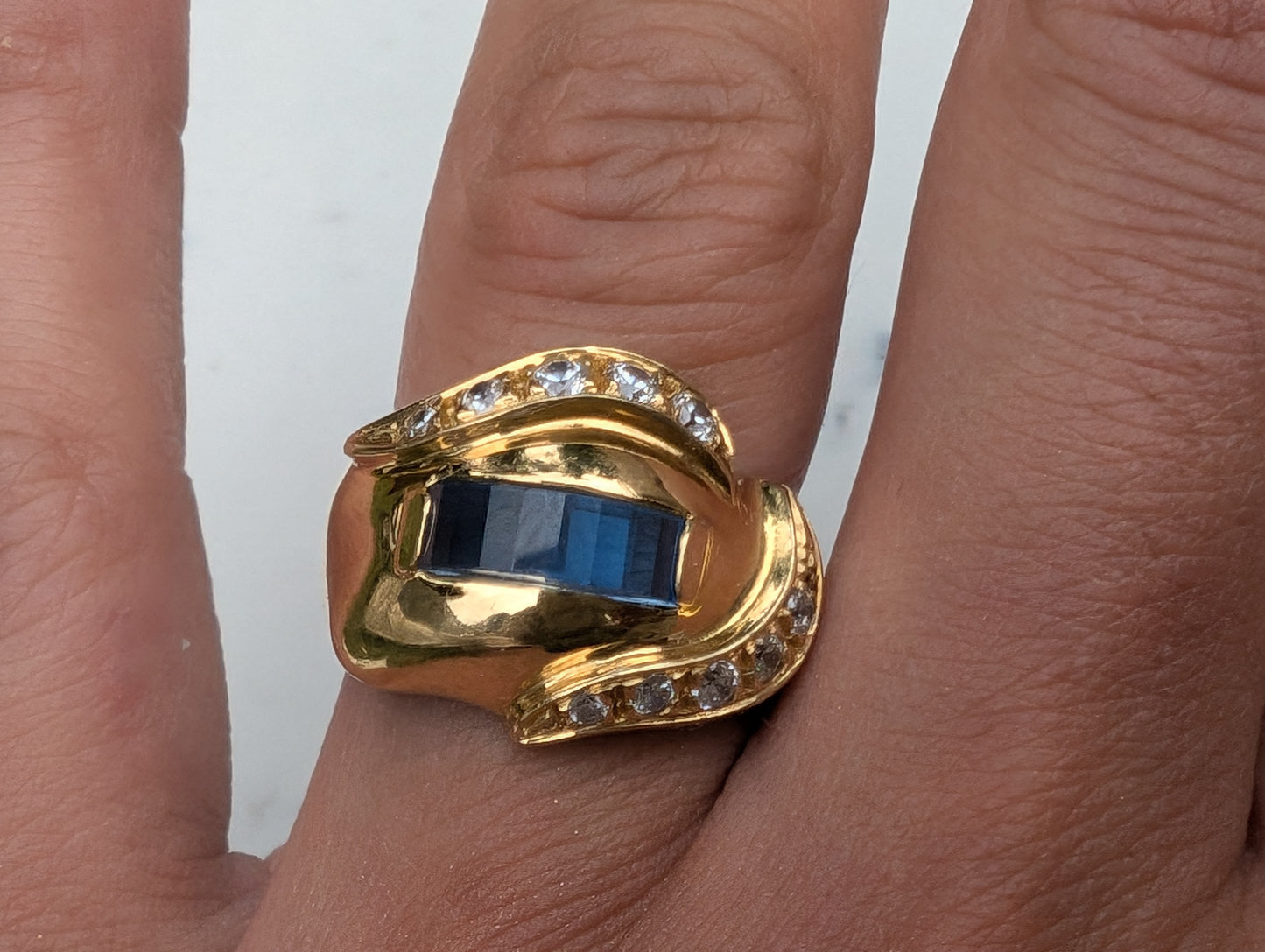 18ct Yellow Gold, Sapphire & Diamond Paste Modernist Dress Ring Vintage c1970 - The Goldfinch Collection