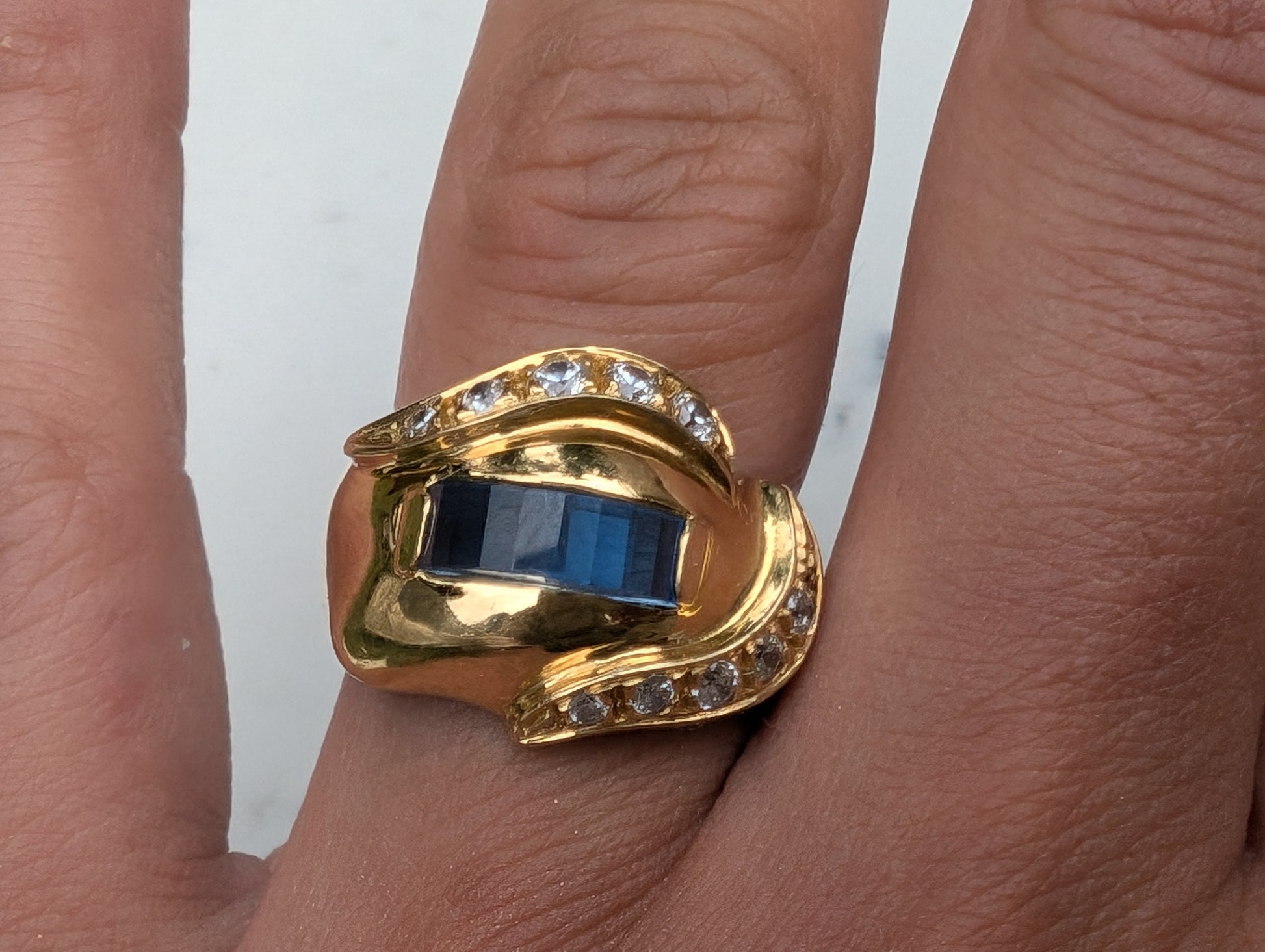 18ct Yellow Gold, Sapphire & Diamond Paste Modernist Dress Ring Vintage c1970 - The Goldfinch Collection