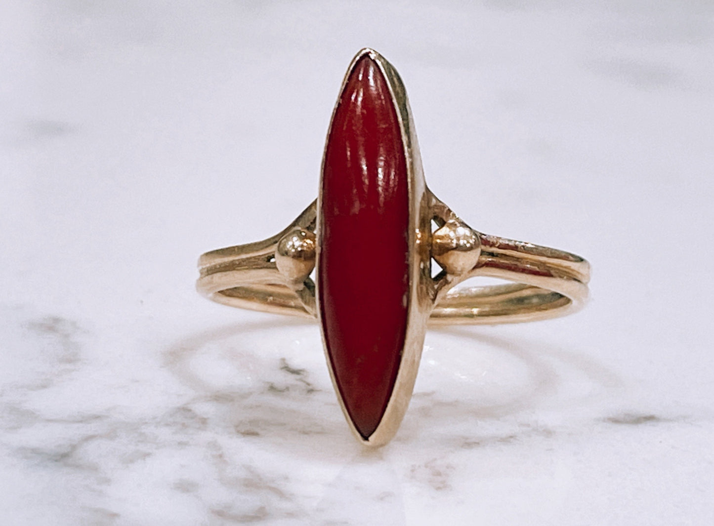 1920s 18ct yellow gold Marquise Cut Coral ring - The Goldfinch Collection