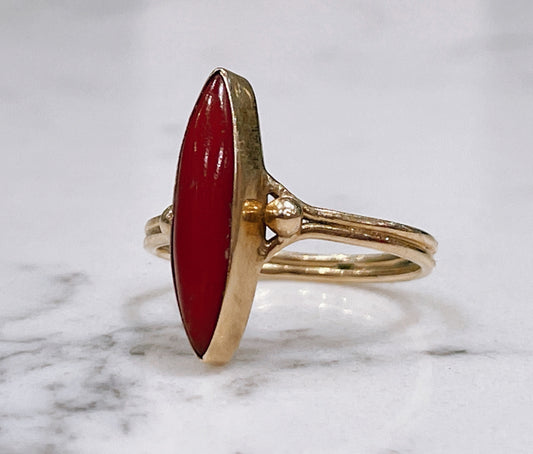 1920s 18ct yellow gold Marquise Cut Coral ring - The Goldfinch Collection