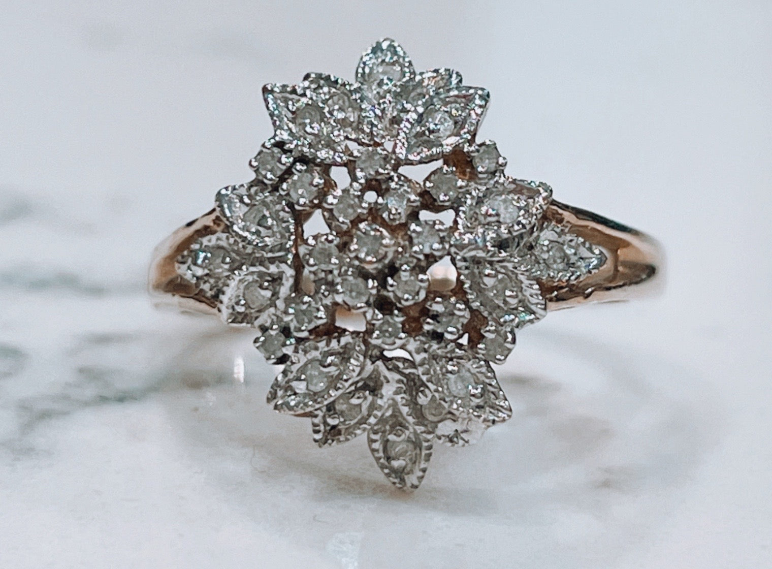 Ornate vintage 9ct yellow gold diamond cluster ring - The Goldfinch Collection