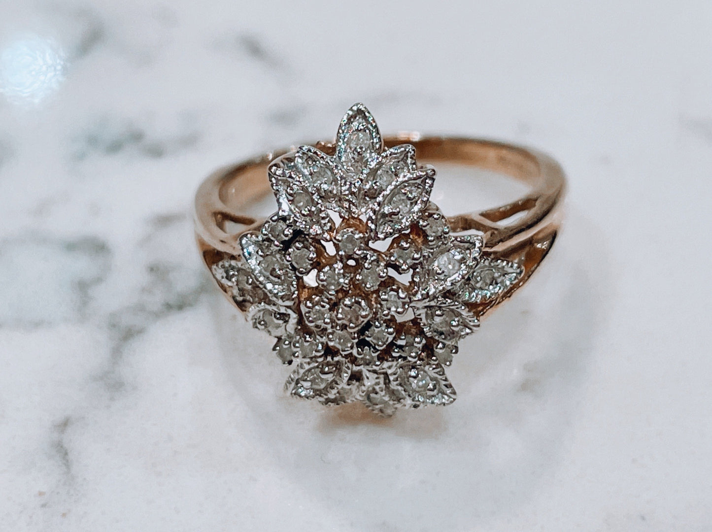 Ornate vintage 9ct yellow gold diamond cluster ring - The Goldfinch Collection