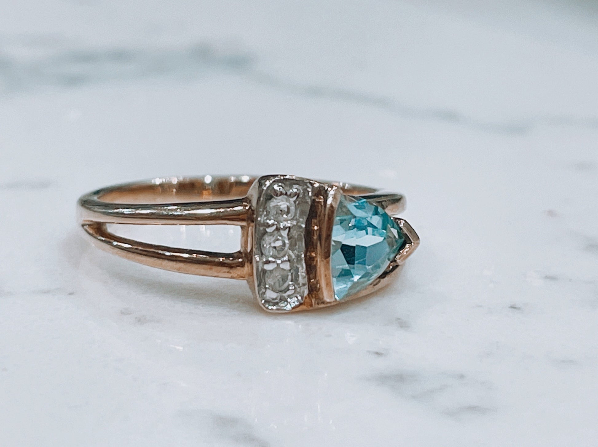 9ct yellow gold with triangular blue topaz and diamonds - The Goldfinch Collection