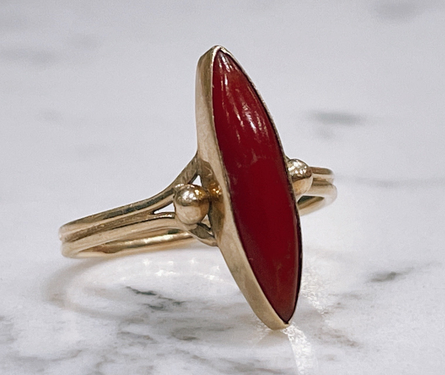 1920s 18ct yellow gold Marquise Cut Coral ring - The Goldfinch Collection