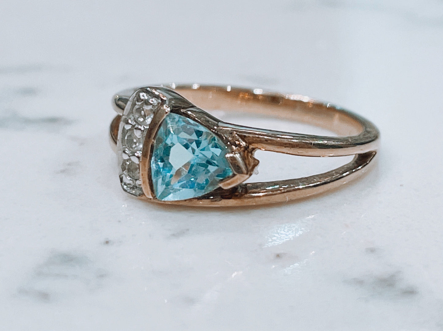 9ct yellow gold with triangular blue topaz and diamonds - The Goldfinch Collection