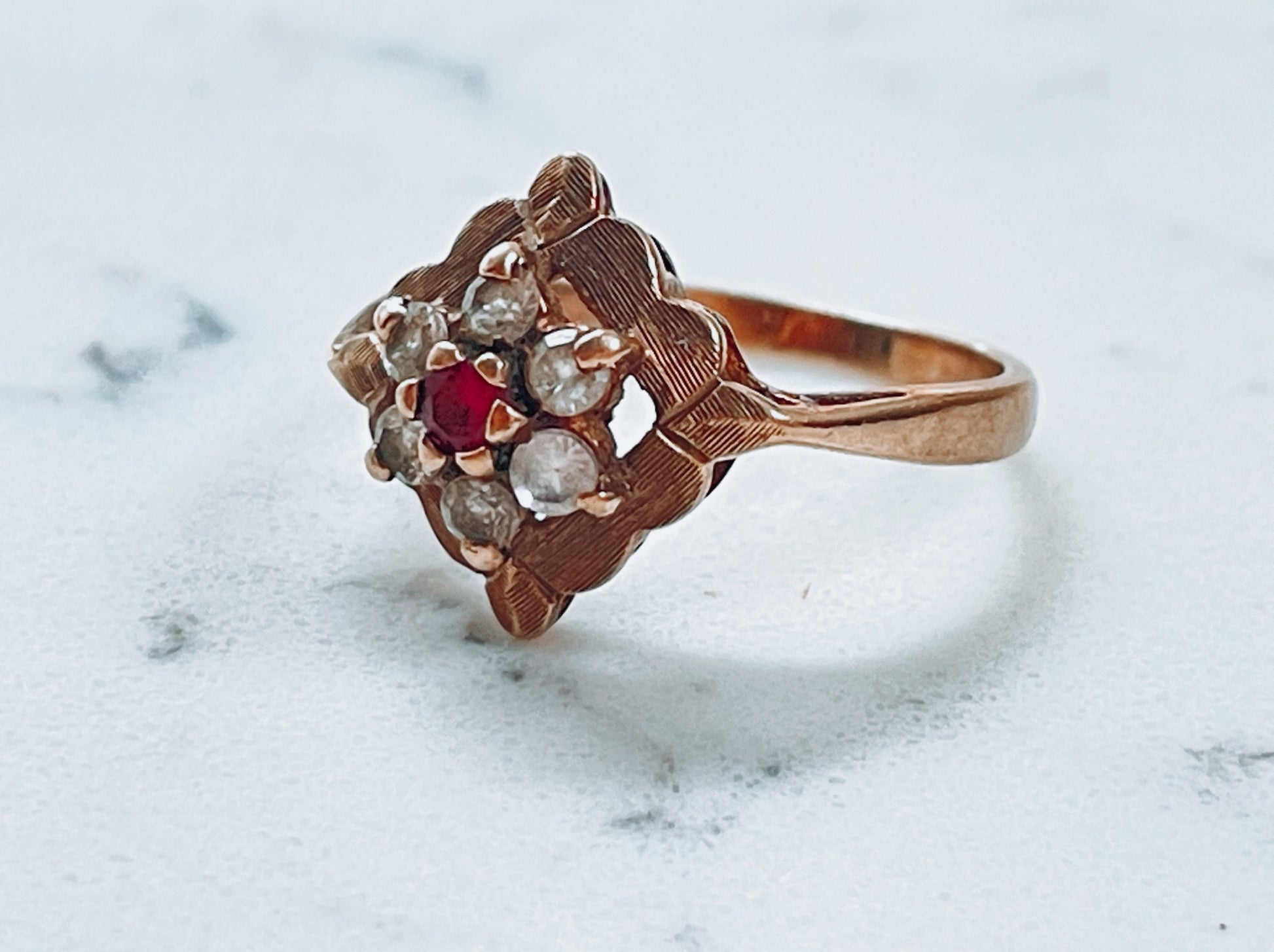 9ct yellow gold floral ring  with garnet and diamond paste - The Goldfinch Collection