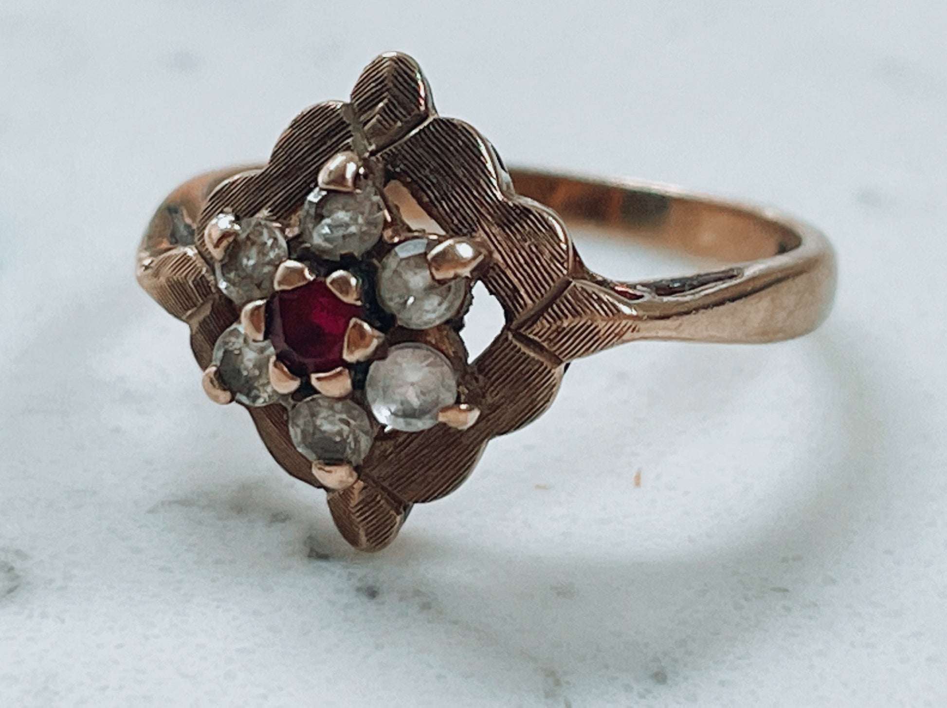 9ct yellow gold floral ring  with garnet and diamond paste - The Goldfinch Collection