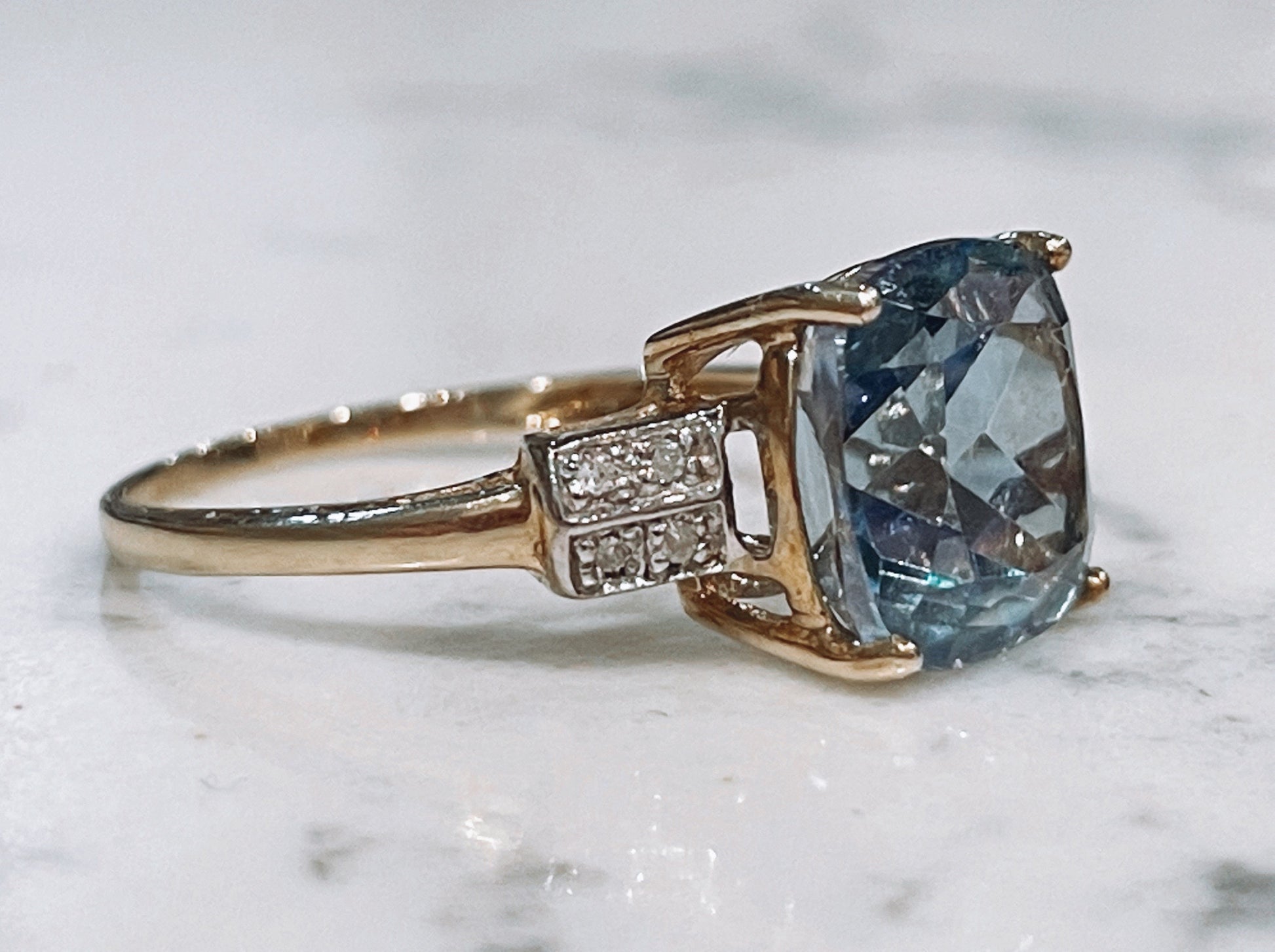 9ct yellow gold ring with Blue Topaz and diamonds - The Goldfinch Collection