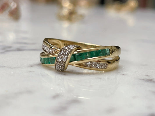 Emerald and diamond crossover ring - The Goldfinch Collection