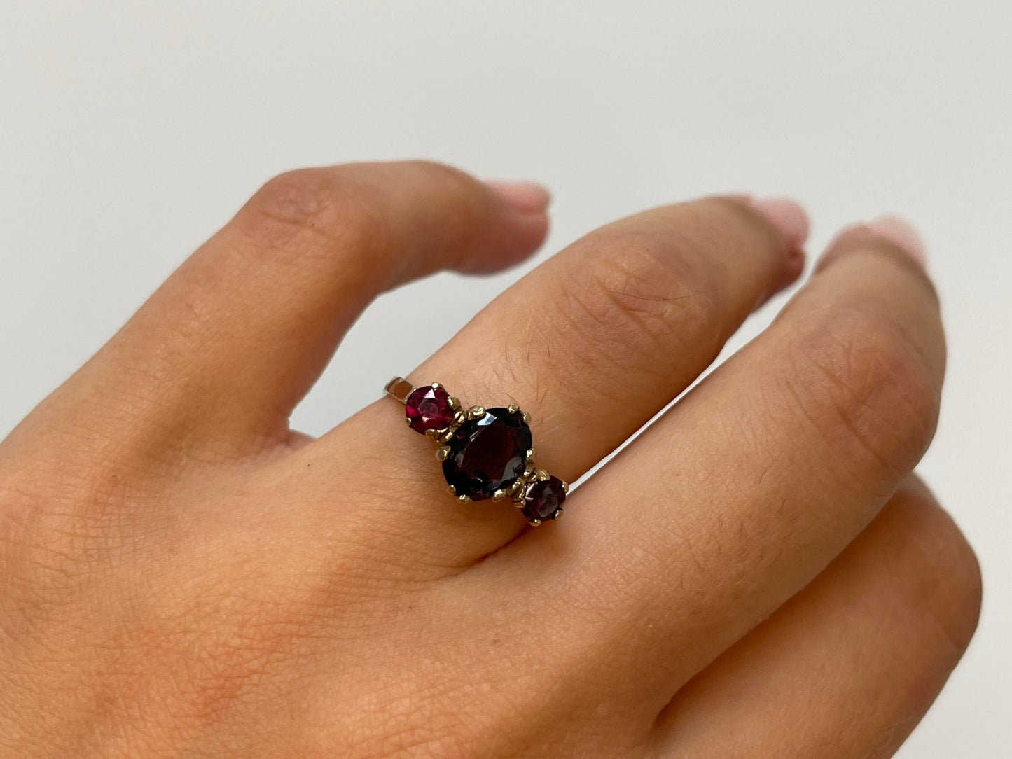 1970s nine carat solid yellow gold ring with three garnets - The Goldfinch Collection