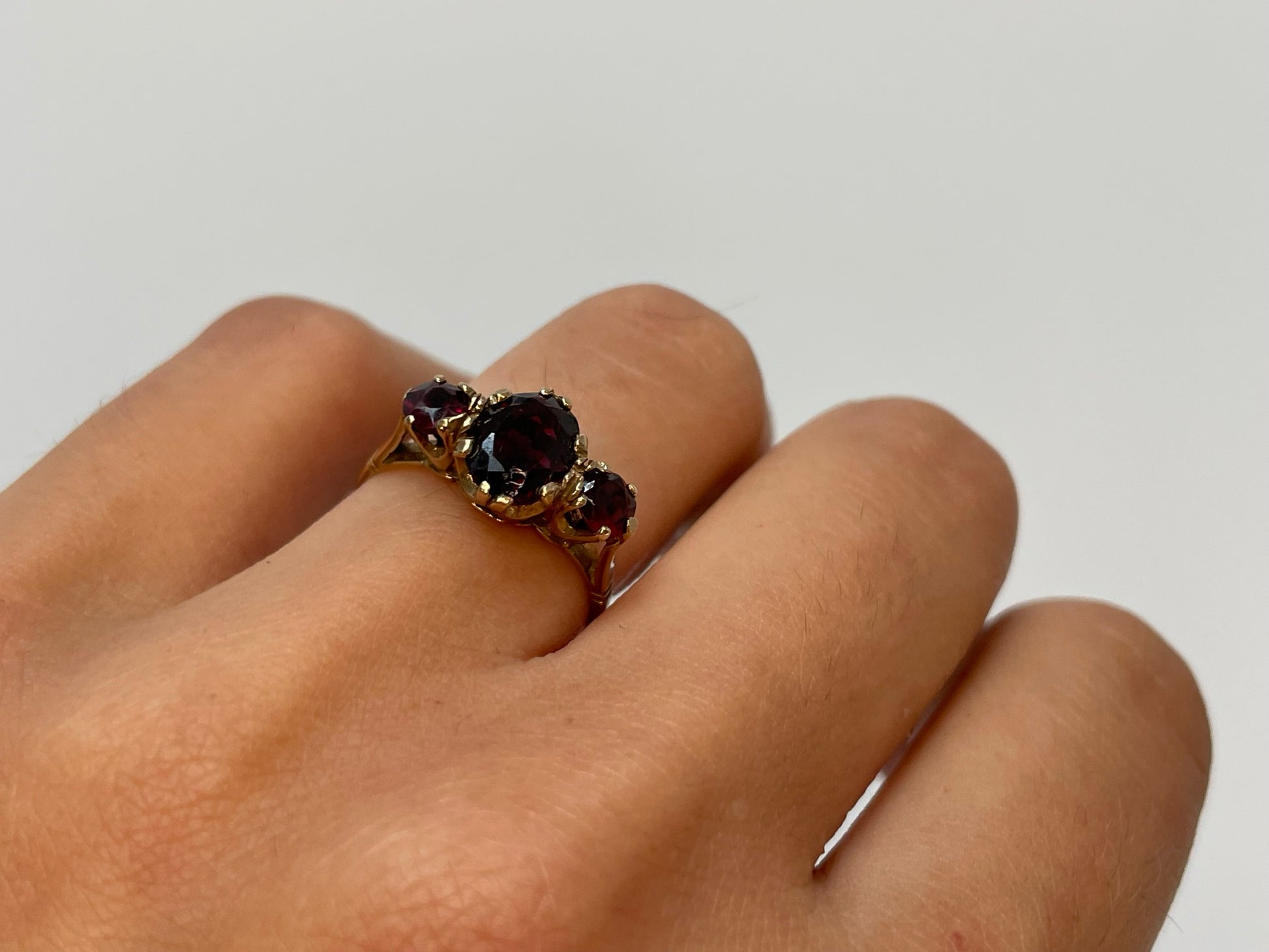 1970s nine carat solid yellow gold ring with three garnets - The Goldfinch Collection