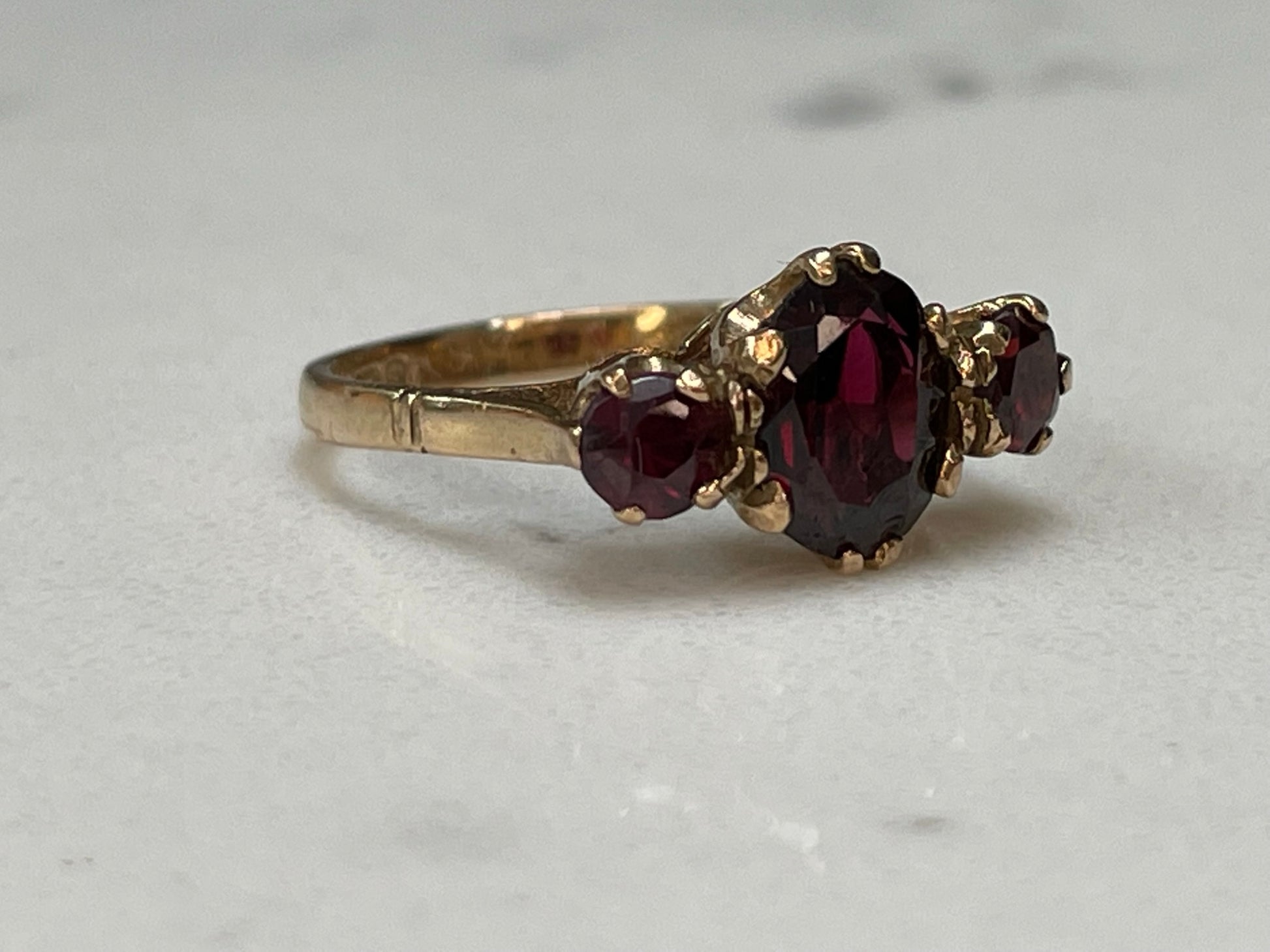 1970s nine carat solid yellow gold ring with three garnets - The Goldfinch Collection