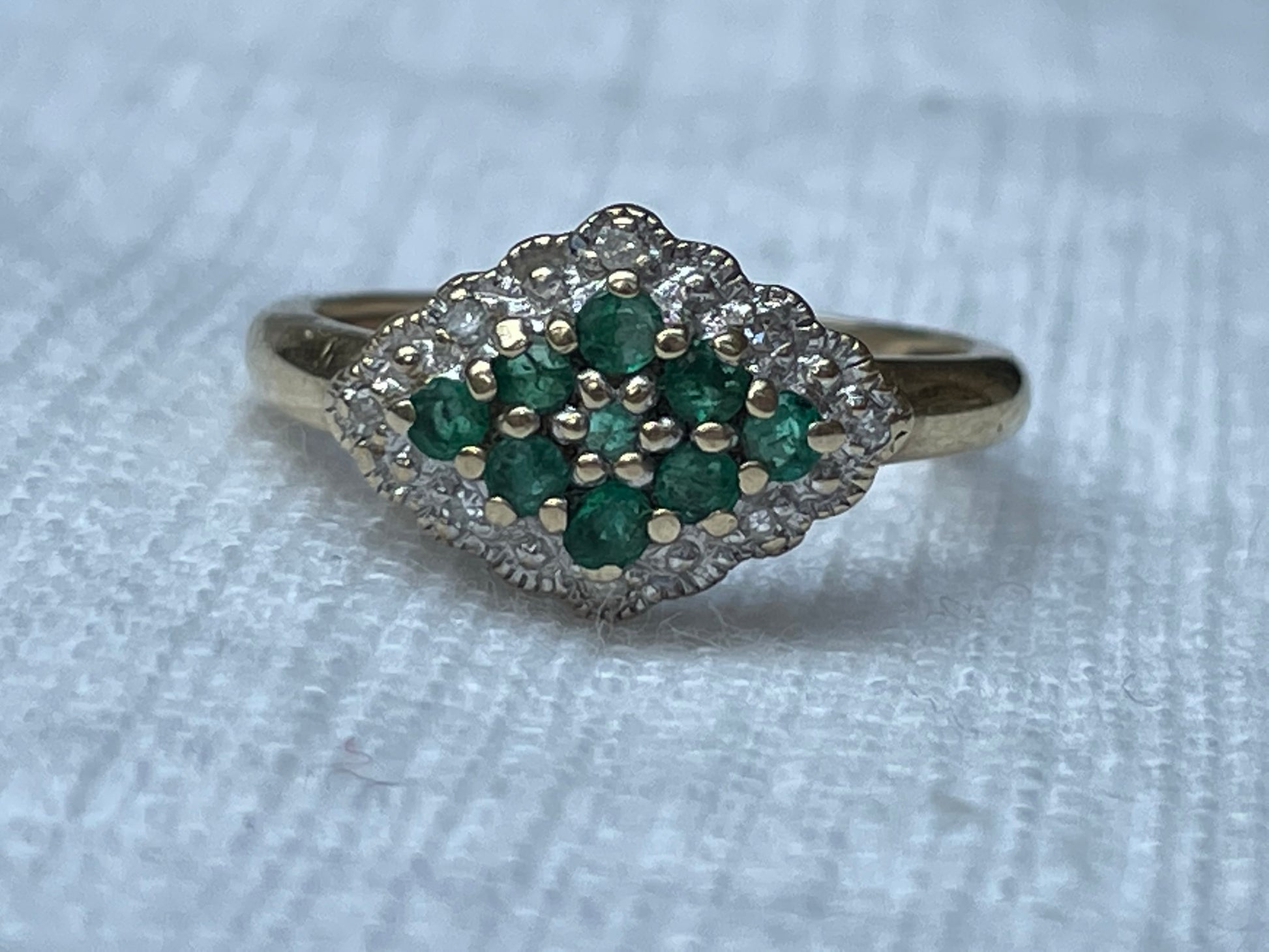 9ct solid yellow gold 1950s emerald and diamond ring - The Goldfinch Collection