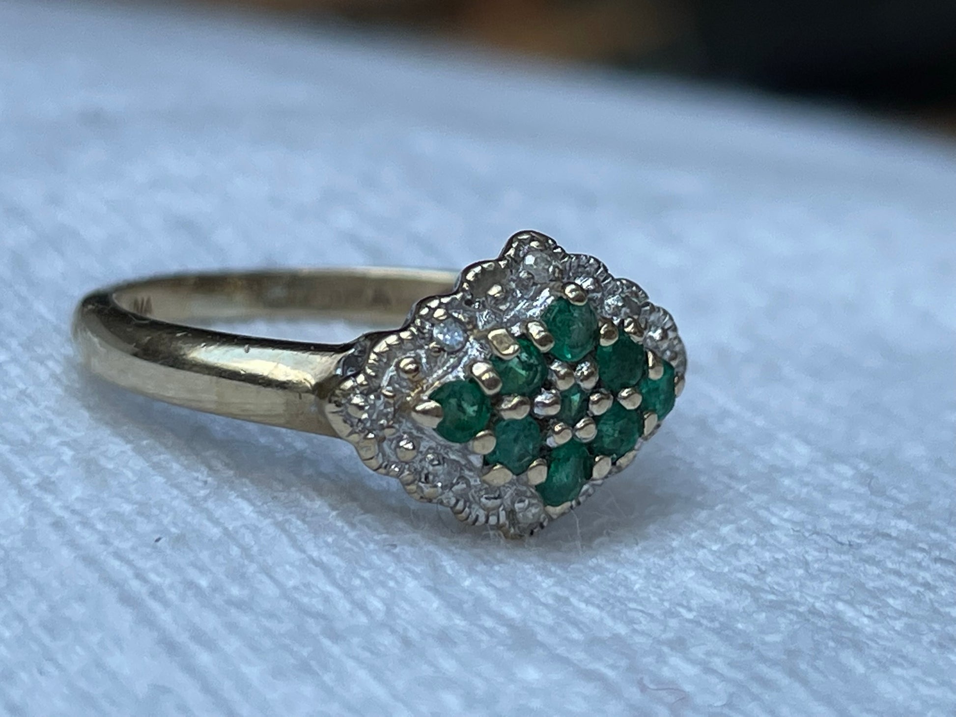 9ct solid yellow gold 1950s emerald and diamond ring - The Goldfinch Collection