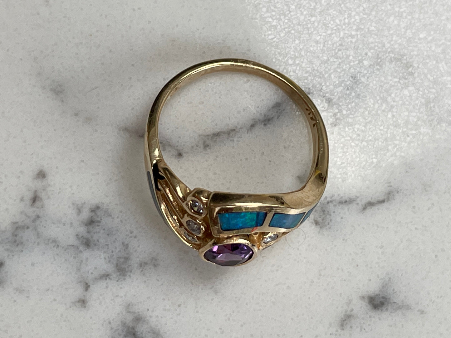 18ct yellow gold ring with amethyst, diamonds, opals - The Goldfinch Collection