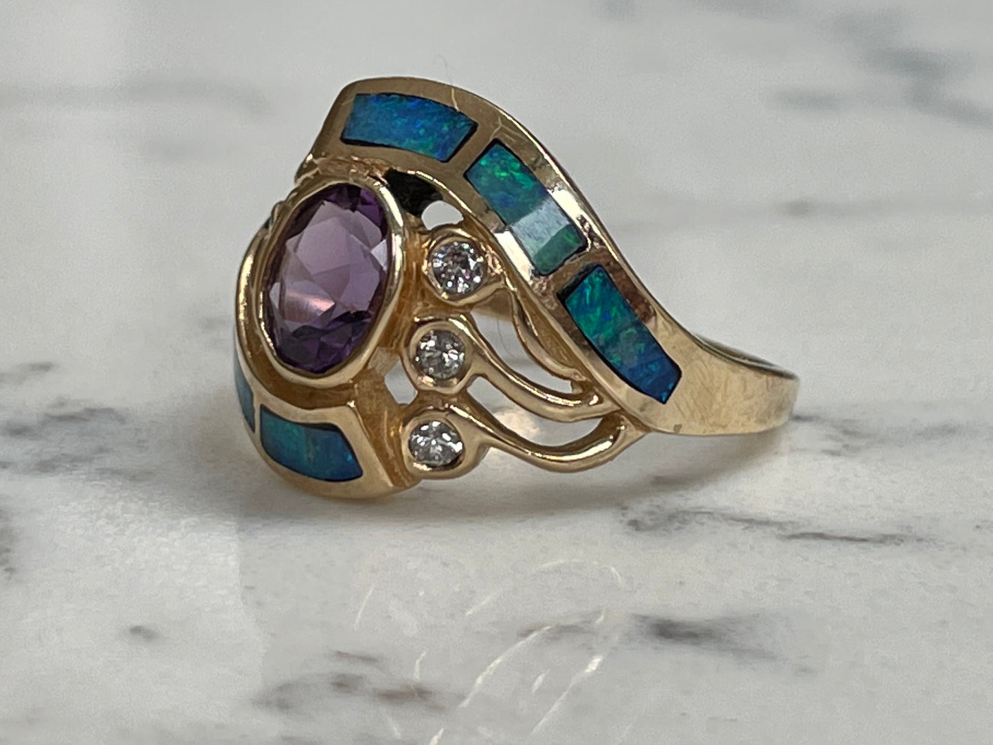 18ct yellow gold ring with amethyst, diamonds, opals - The Goldfinch Collection