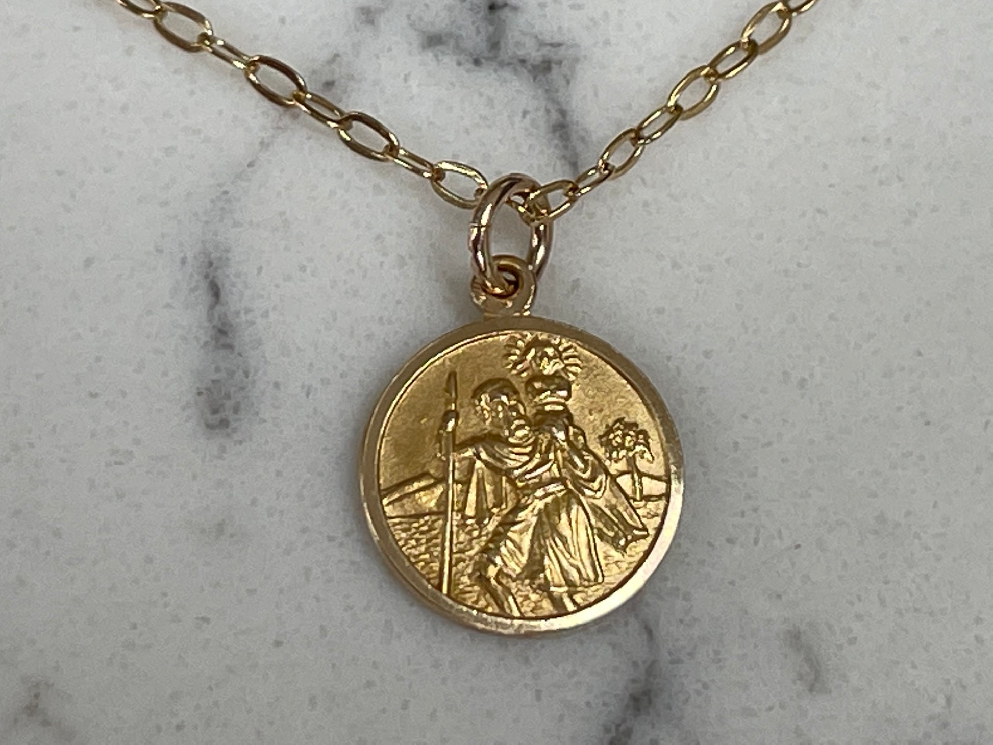 9ct gold St Christopher pendant and link chain 16' - The Goldfinch Collection
