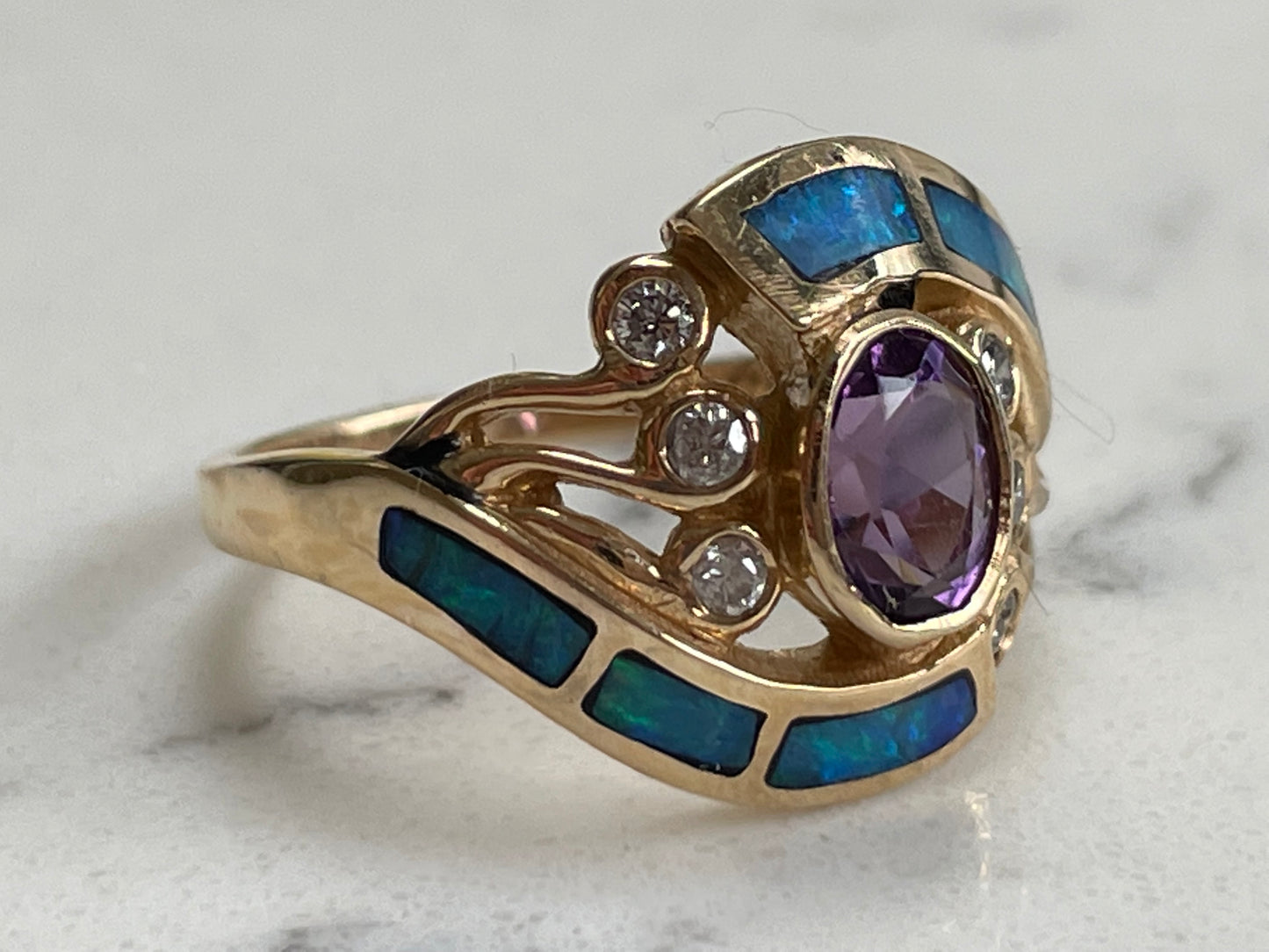 18ct yellow gold ring with amethyst, diamonds, opals - The Goldfinch Collection