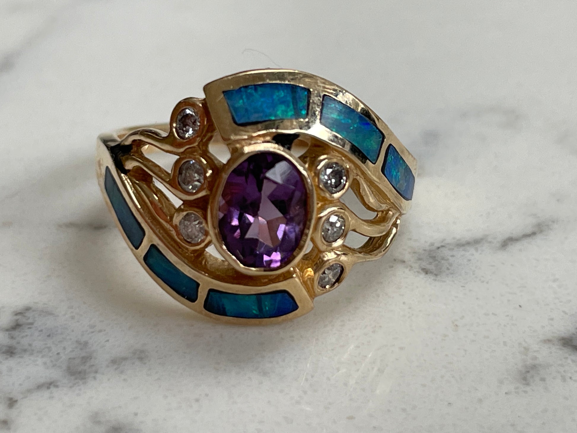 18ct yellow gold ring with amethyst, diamonds, opals - The Goldfinch Collection