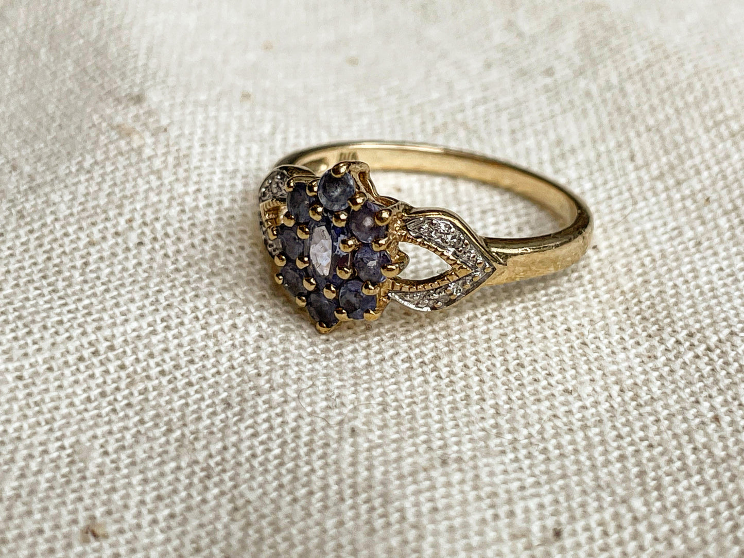 9ct solid gold tanzanite and diamond cluster ring - The Goldfinch Collection