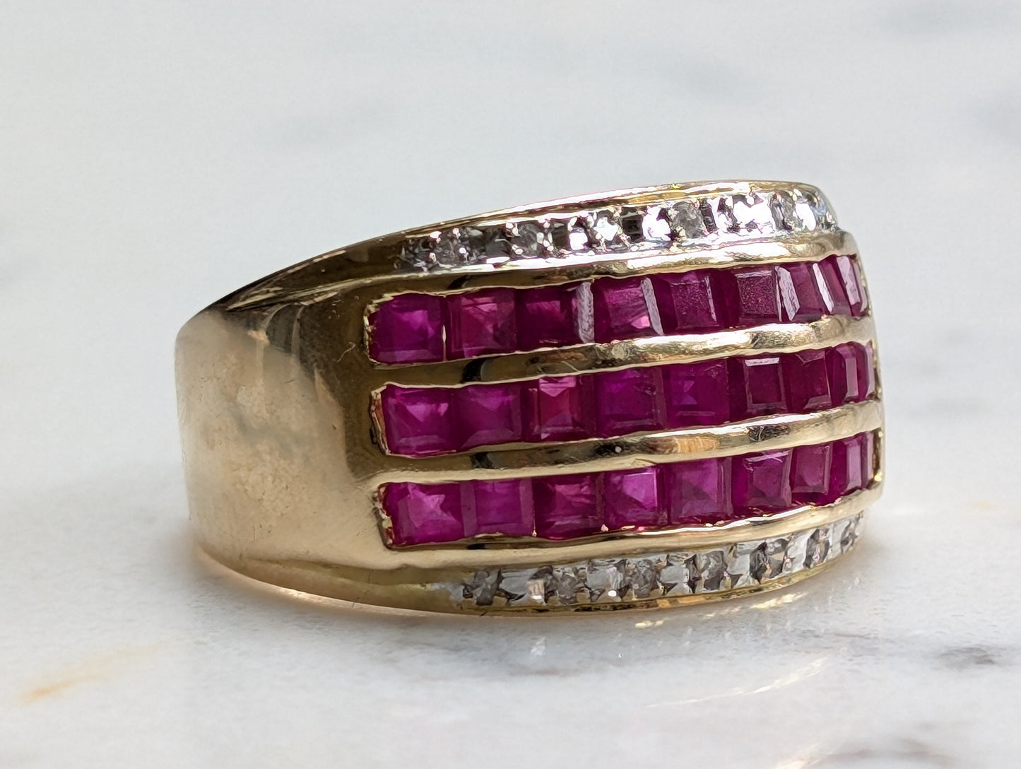 Chunky 14ct ruby and diamond vintage ring