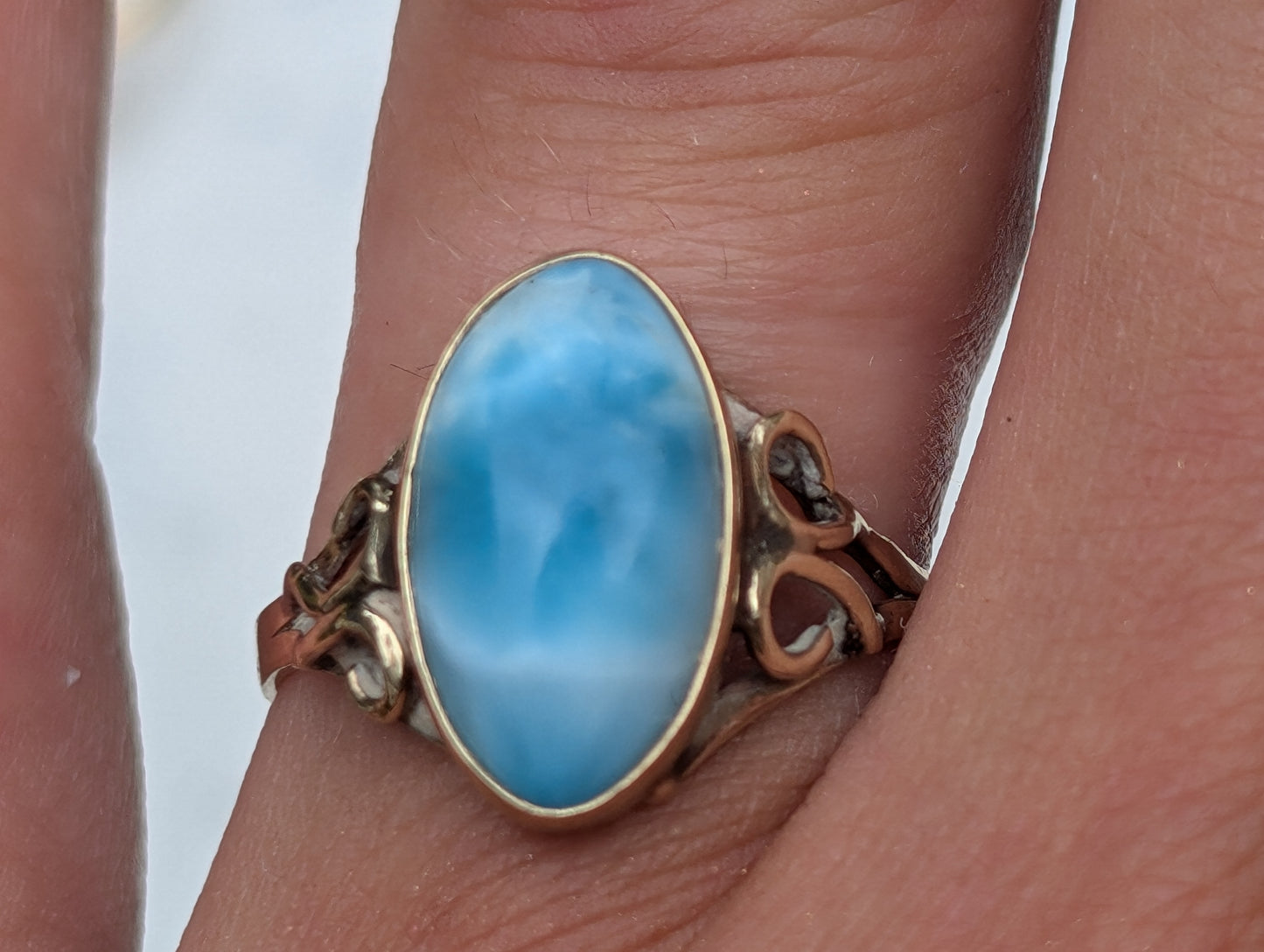 14ct Yellow Gold Cabochon Cut Blue Larimar Set Band Ring Vintage c1970 - The Goldfinch Collection