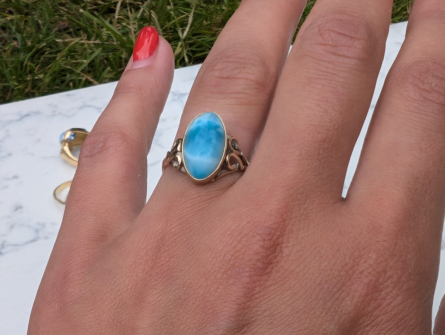 14ct Yellow Gold Cabochon Cut Blue Larimar Set Band Ring Vintage c1970 - The Goldfinch Collection