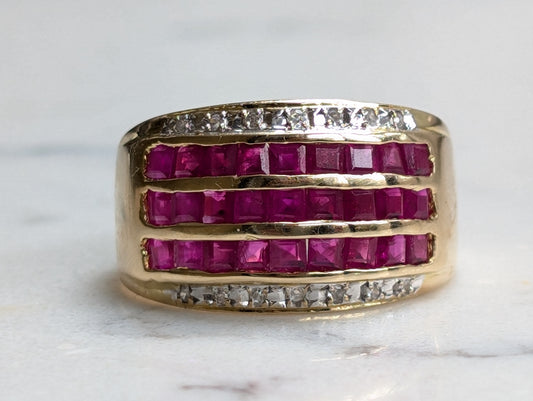 Chunky 14ct ruby and diamond vintage ring